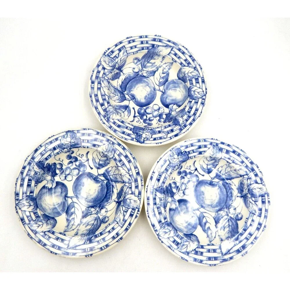 Pier 1 Soup Pasta Bowls Basket Weave Blue White Rim Apples Handpainted Italy S/3